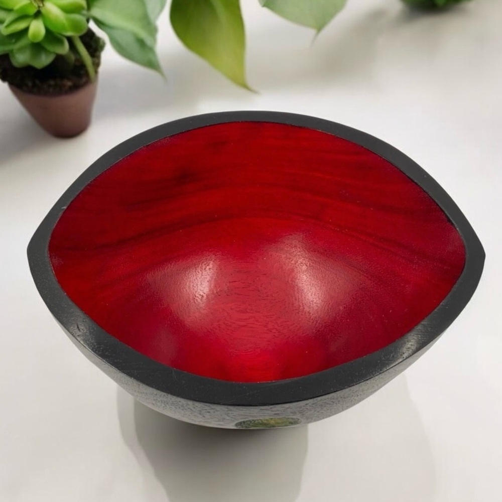 Hand Carved Wood Bowl Decor, Hand Painted Black, Red And Muti-colored Polka Dots - Picture 3 of 8